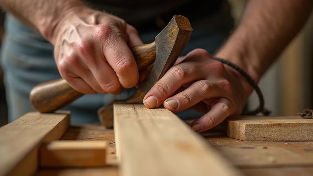 Boat builder shaping a plank with an adze