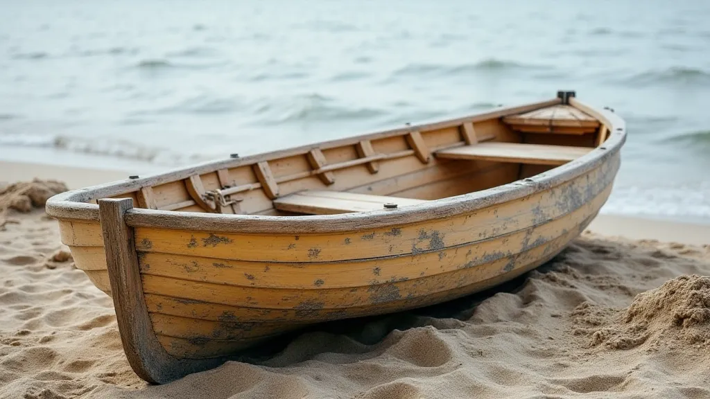 A traditional Baltic Pram sitting on a sandy beach.
