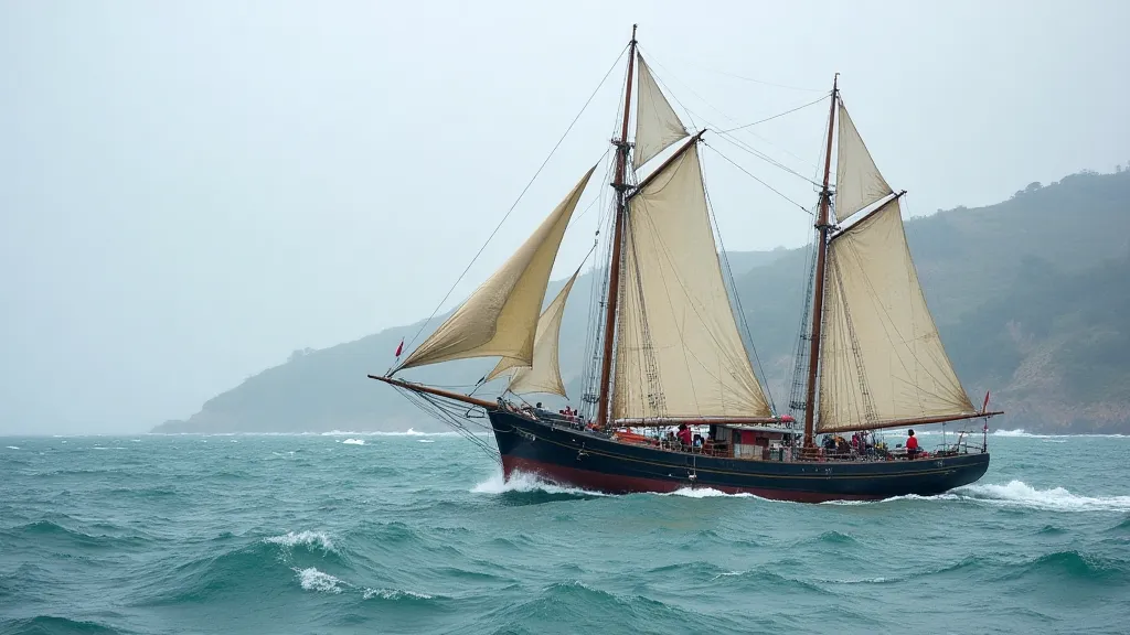 A Barra fishing boat sailing in rough seas, with a Portuguese coastline in the background.