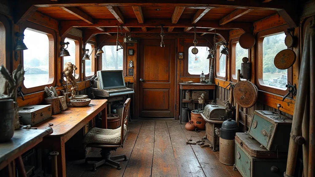 The interior of a Barra fishing boat, showing the wooden beams, caulking, and tools.