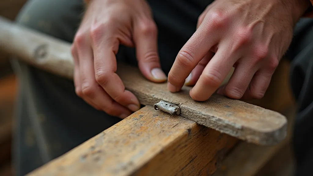 Boat builder's weathered hands fastening a plank