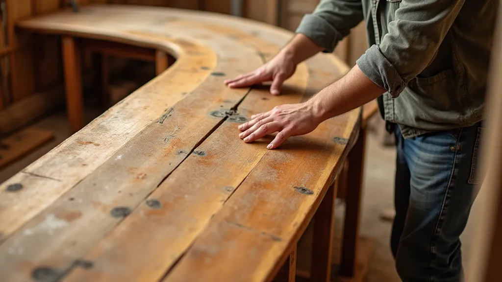 Boat builder fitting a plank on a carvel hull