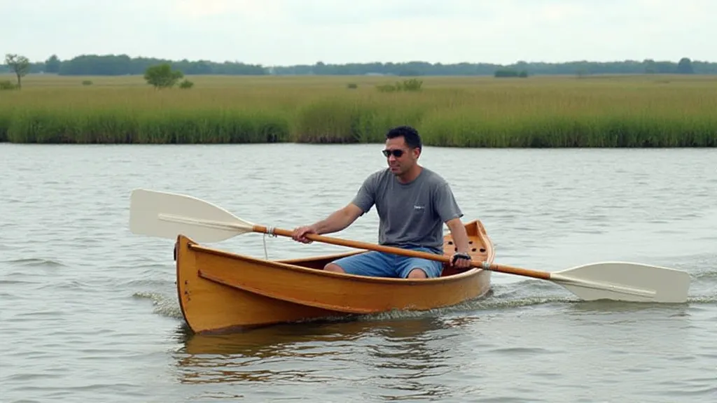 A Chesapeake Bay Skiff being rowed through calm water.