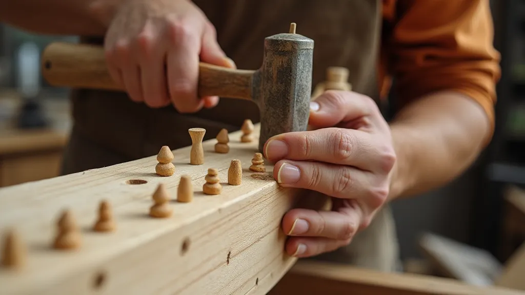 Boat builder hammering pegs into the hull