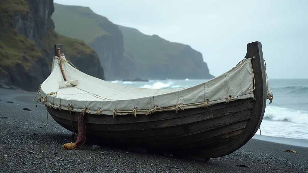 An Irish Currach on a rocky beach.