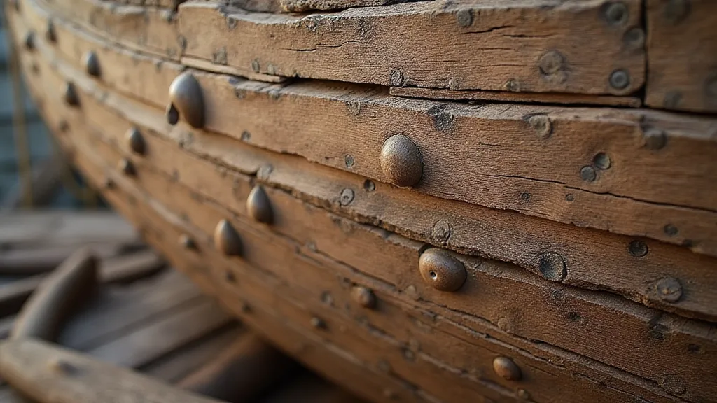 Overlapping planks in a Viking ship hull with rivets.