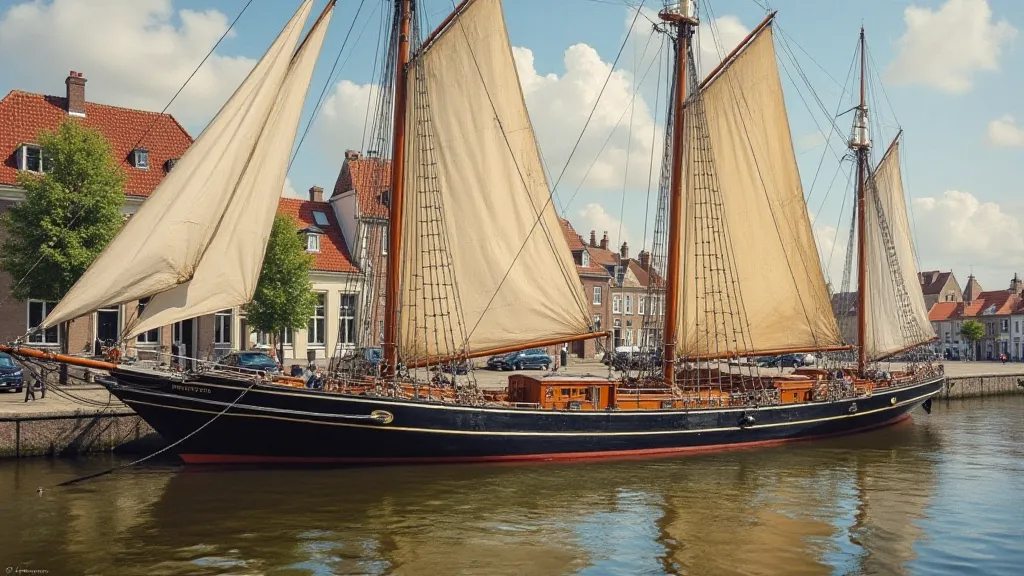 A beautifully restored tjalk moored in a harbor, with traditional sails furled.