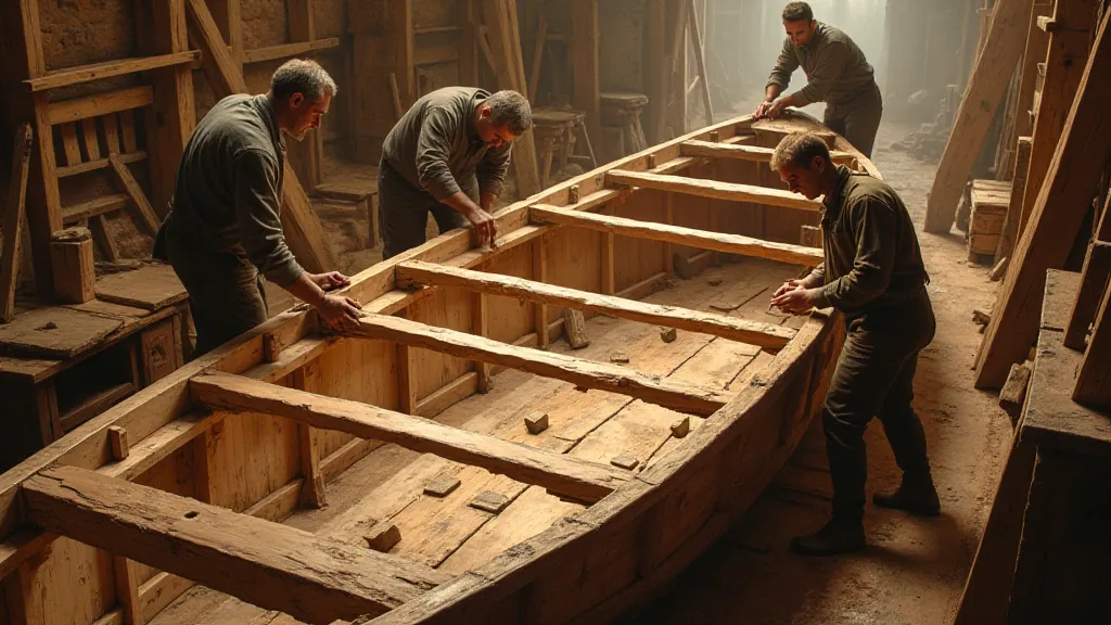 A close-up view of a tjalk hull under construction, showing the wooden planks and frames.