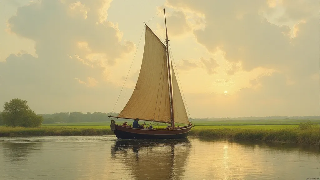 A tjalk sailing on a calm lake with green fields in the background.